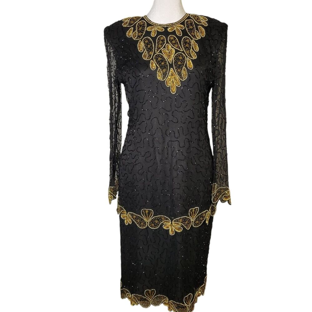 Vtg 80s Brilliante by JA Silk Beaded Dress S Mid Cocktail Deco Revival Hollywood